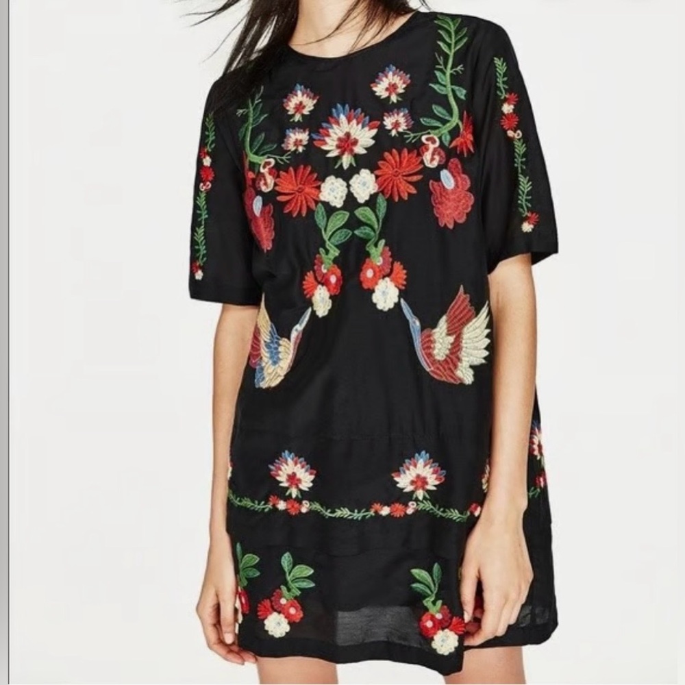 Zara Black Floral & Bird Embroidered Mini Dress